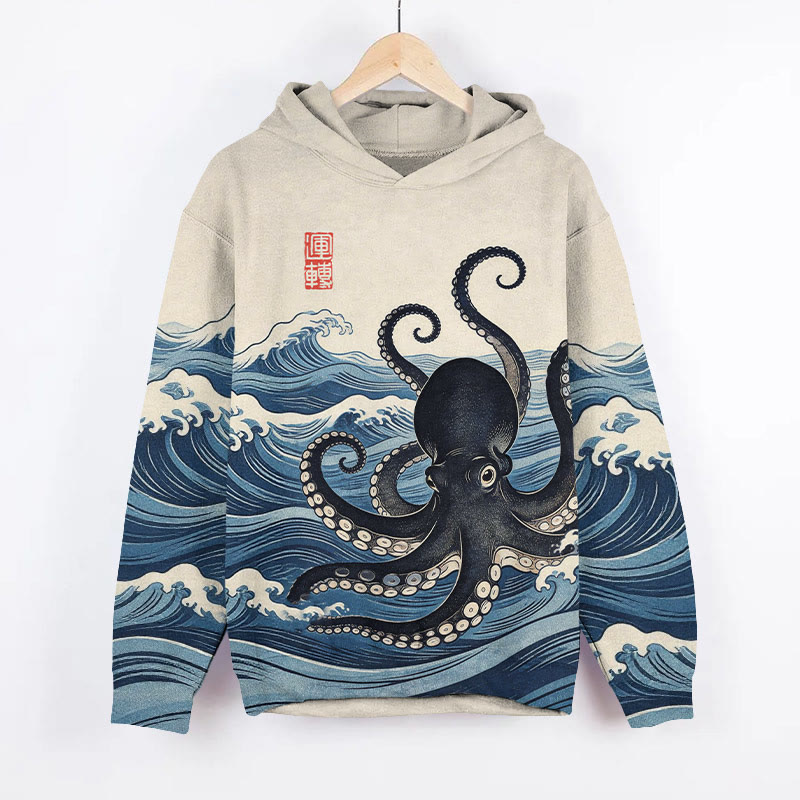 Japanese Retro Wave Octopus Art Print Long Sleeve Hoodie - Blue - US44-46(8XL) - image 1