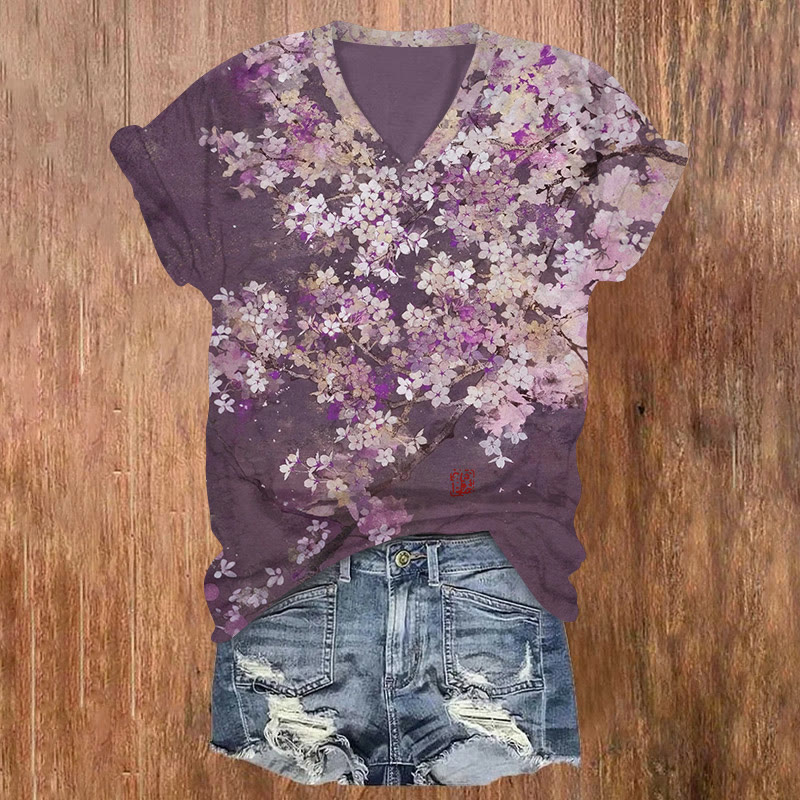 Japanese Sakura Cherry Blossom Art Pattern Print Short Sleeved V-neck T-shirt - Purple - US32-34(5XL) - image 1