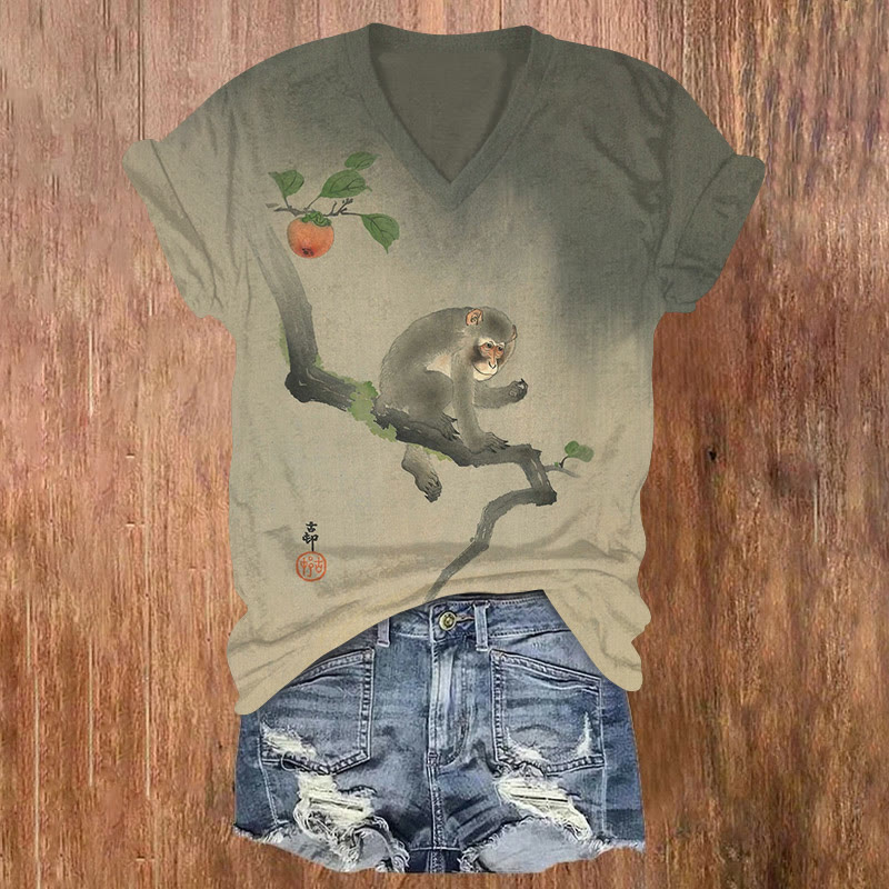 Japanese Retro Monkey On The Tree Art Pattern Print Short Sleeved V-neck T-shirt - Grey - US32-34(5XL) - image 1
