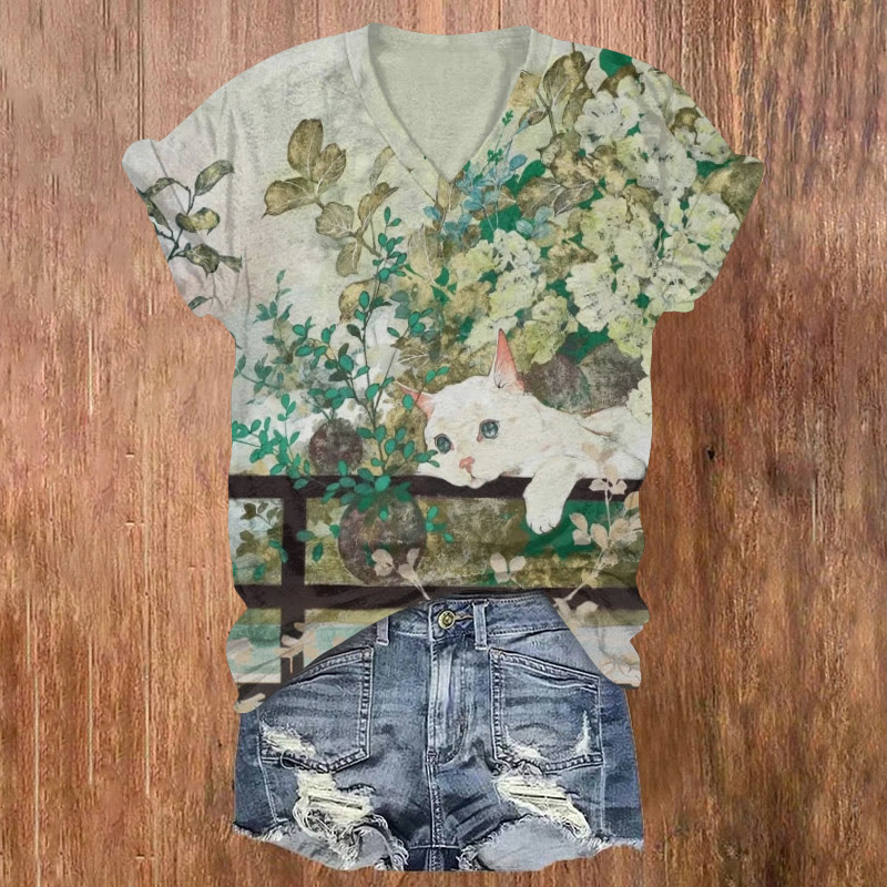 Japanese Flowers And White Cat Art Pattern Print Short Sleeved V-neck T-shirt - Light Green - US32-34(5XL) - image 1
