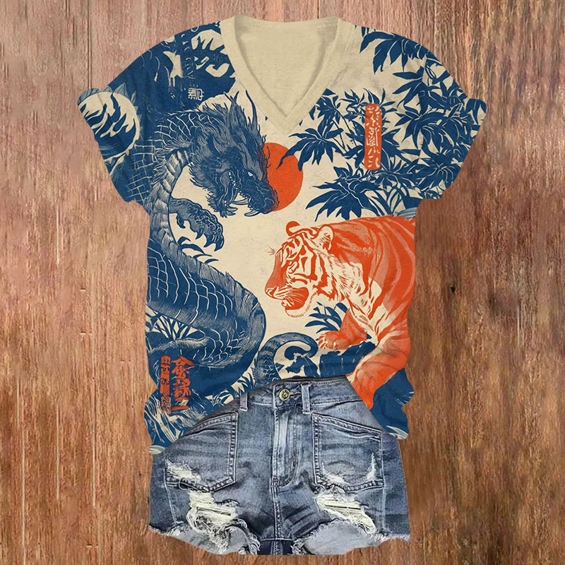 Japanese Retro Showa Era Touhou Fighting Art Pattern Print Short Sleeved V-neck T-shirt - Apricot - US32-34(5XL) - image 1