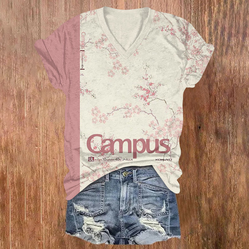 Japanese Sukura Cherry Blossom Notebook Art Pattern Print Short Sleeved V-neck T-shirt - Apricot - US32-34(5XL) - image 1