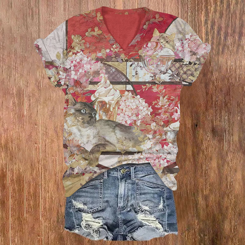 Japanese Ornate Plants And Cats Art Pattern Print Short Sleeved V-neck T-shirt - Red - US32-34(5XL) - image 1