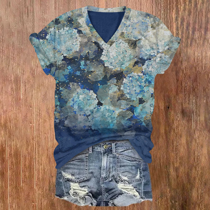 Japanese Gorgeous Hydrangea Dream Atmosphere Art Pattern Print Short Sleeved V-neck T-shirt - Blue - US32-34(5XL) - image 1