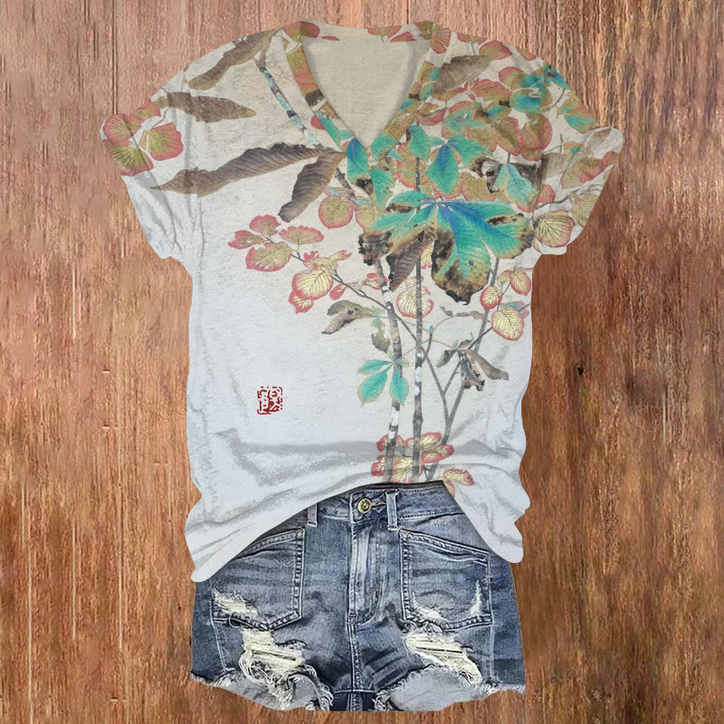 Japanese Classical Golden-edged Plants Art Pattern Print Short Sleeved V-neck T-shirt - White - US32-34(5XL) - image 1