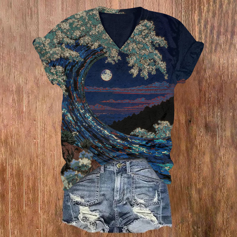 Japanese Classic Kanagawa Beach Night View Art Pattern Print Short Sleeved V-neck T-shirt - Navy Blue - US32-34(5XL) - image 1