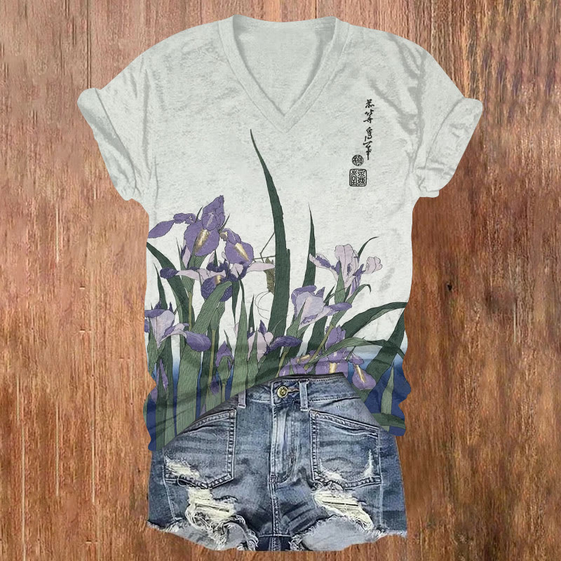 Japanese Retro Iris Classical Painting Pattern Print Short Sleeved V-neck T-shirt - White - US32-34(5XL) - image 1