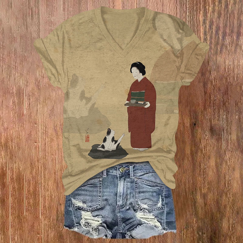 Japanese Retro Funny Cat Daily Life Pattern Print Short Sleeved V-neck T-shirt - Apricot - US32-34(5XL) - image 1