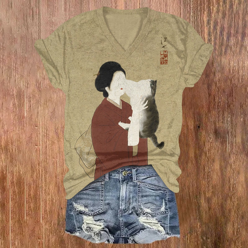 Japanese Retro Funny Kitty Refusal Pattern Print Short Sleeved V-neck T-shirt - Apricot - US32-34(5XL) - image 1