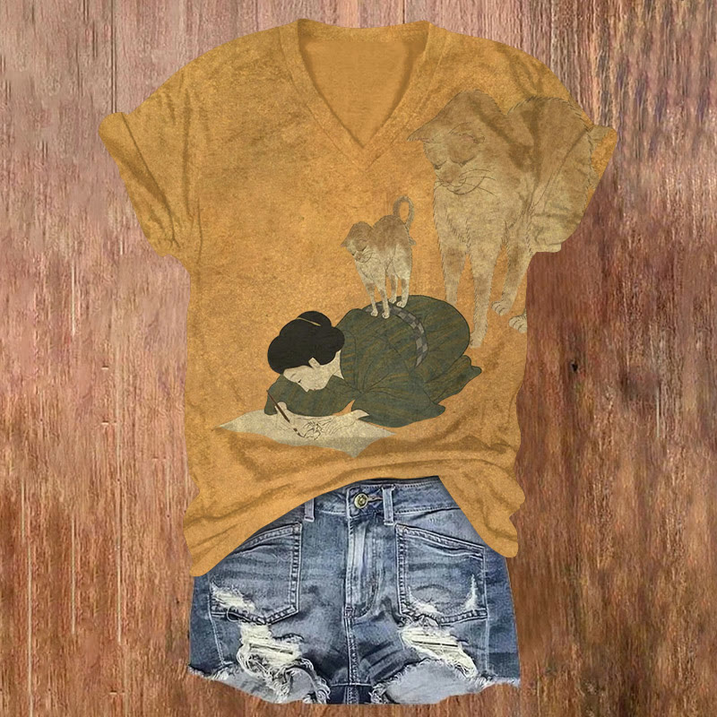 Japanese Retro Funny Kitty Above Girl Pattern Print Short Sleeved V-neck T-shirt - Orange - US32-34(5XL) - image 1