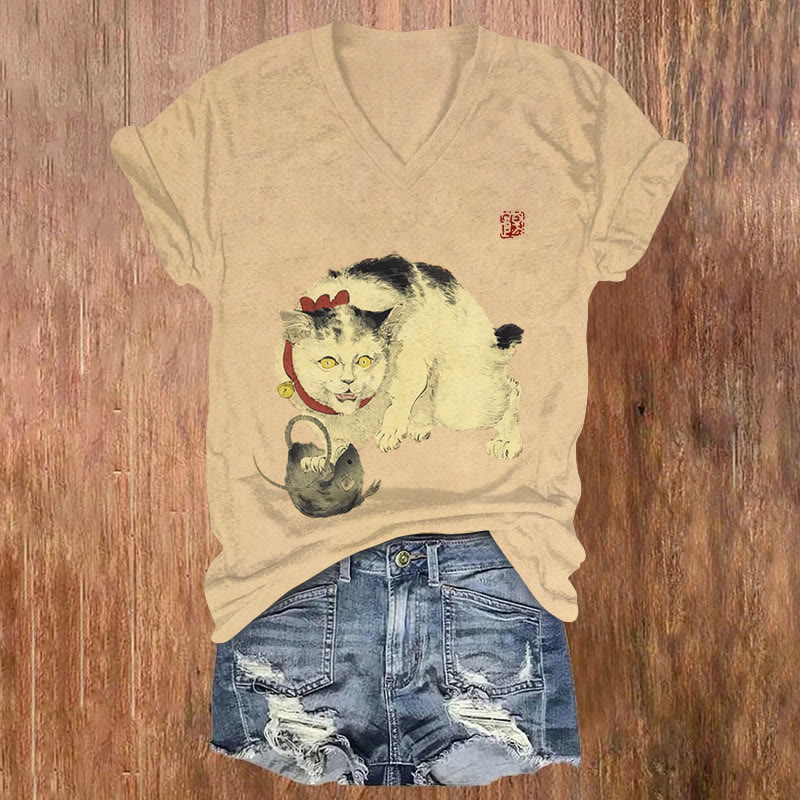 Japanese Classical Ukiyo-e Cat And Mouse Pattern Print Short Sleeved V-neck T-shirt - Apricot - US32-34(5XL) - image 1