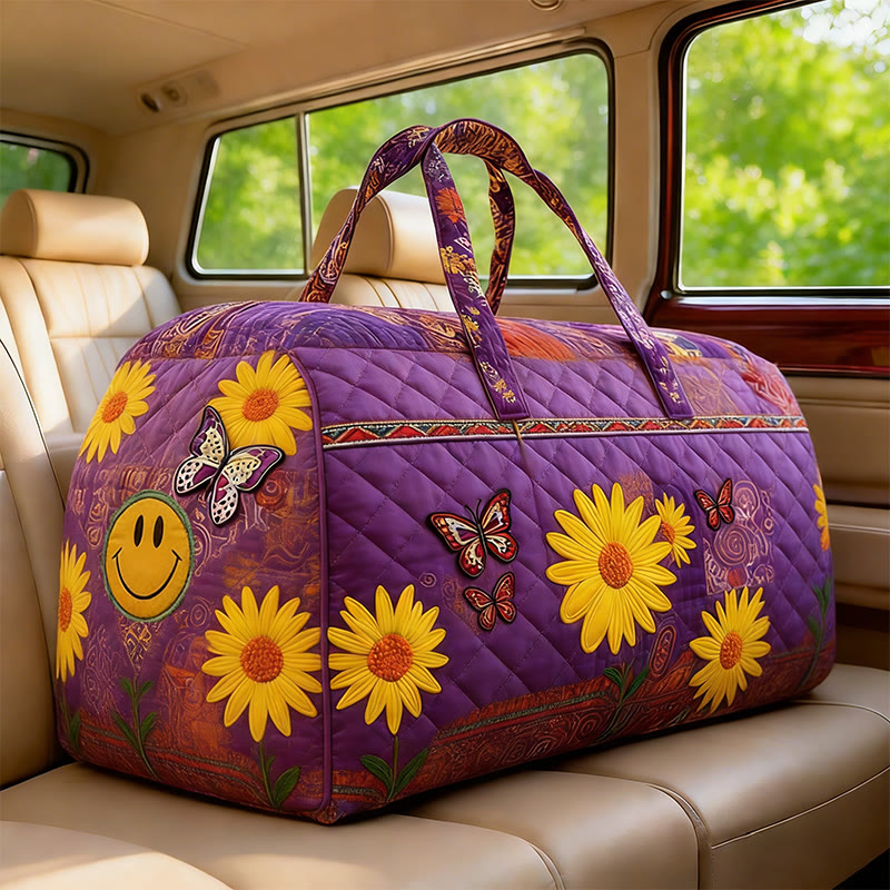 Hippie-style Butterflies And Sunflowers Print Quilted Duffle Bag - Purple - one size - image 1