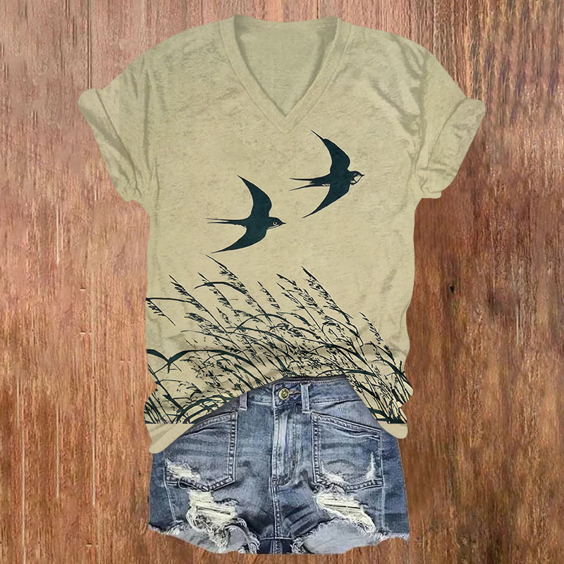 Vintage Swallow & Grass Print Short Sleeved V-neck T-shirt - Olive Green - US32-34(5XL) - image 1