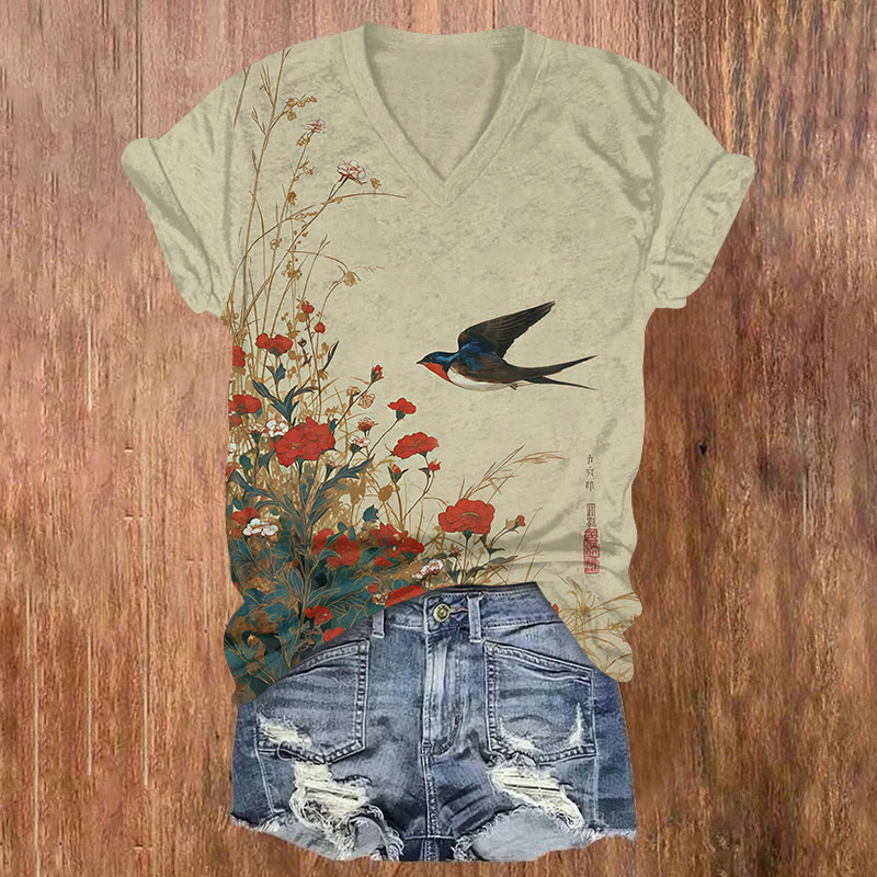Vintage Swallow & Read Flowers Print Short Sleeved V-neck T-shirt - Khaki - US32-34(5XL) - image 1