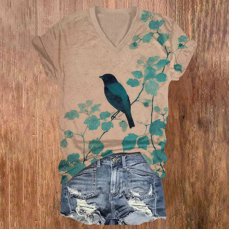 Vintage Blue Bird On The Branch Print Short Sleeved V-neck T-shirt - Pink - US32-34(5XL) - image 1