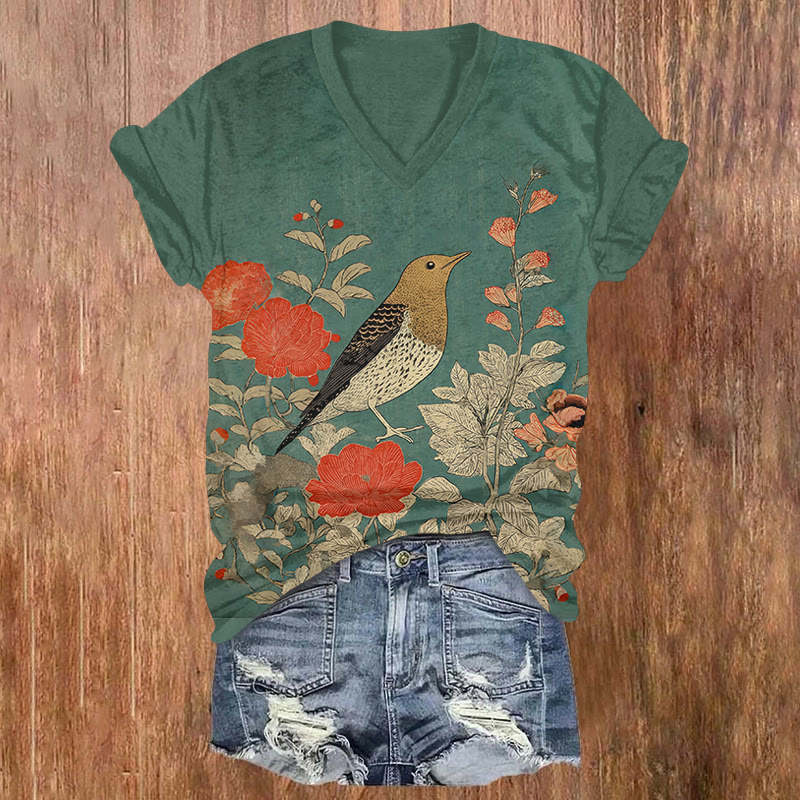 Vintage Lovely Bird & Blossom Print Short Sleeved V-neck T-shirt - Green - US32-34(5XL) - image 1