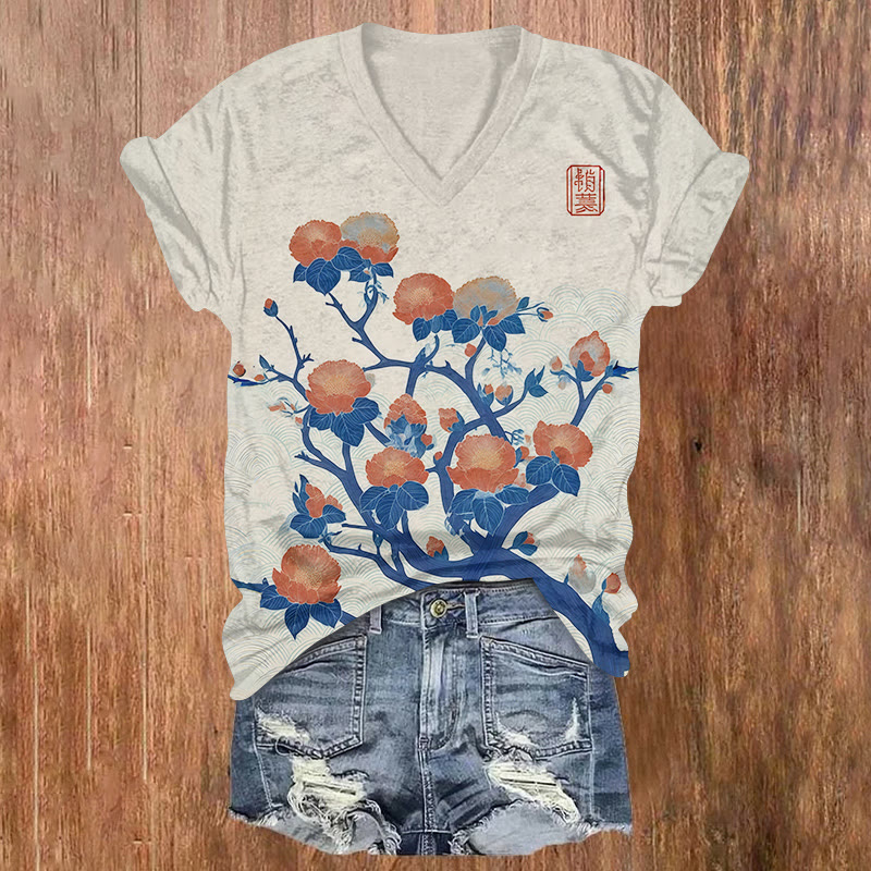 Japanese Floral Bohemian Style Print Short Sleeved V-neck T-shirt - Light Gray - US32-34(5XL) - image 1