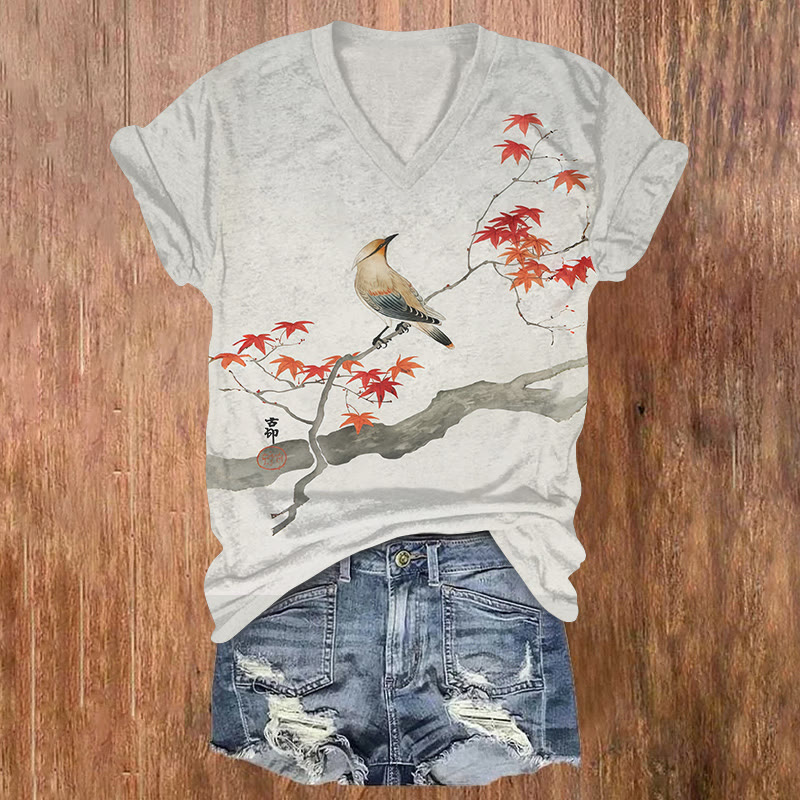 Japanese Maple Leaf & Bird Print Short Sleeved V-neck T-shirt - Light Gray - US32-34(5XL) - image 1
