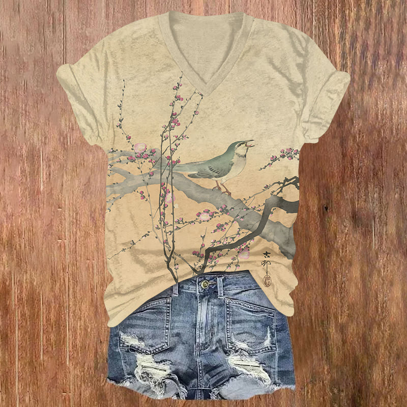 Vintage Bird On Cherry Tree Print Short Sleeved V-neck T-shirt - Apricot - US32-34(5XL) - image 1