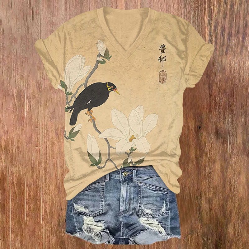 Japanese Hill Myna On A Magnolia Branch Print Short Sleeved V-neck T-shirt - Orange - US32-34(5XL) - image 1