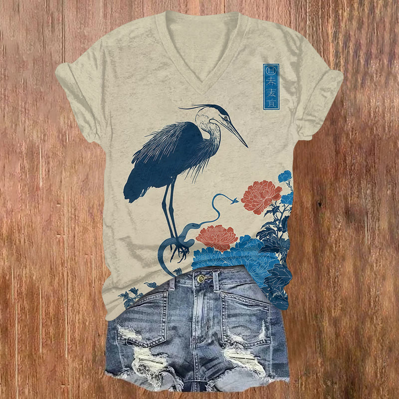 Japanese-style Artwork Heron & Snake Print Short Sleeved V-neck T-shirt - Light Gray - US32-34(5XL) - image 1