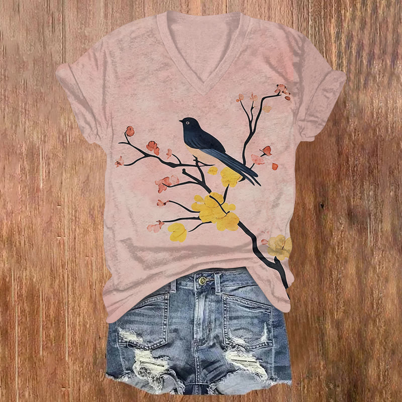 Vintage Blue Bird & Flowers Art Print Short Sleeved V-neck T-shirt - Pink - US32-34(5XL) - image 1