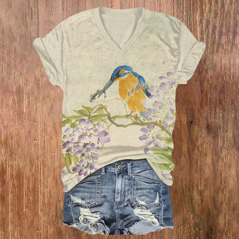 Funny Cartoon Bird Catching Insect Print Short Sleeved V-neck T-shirt - Beige - US32-34(5XL) - image 1