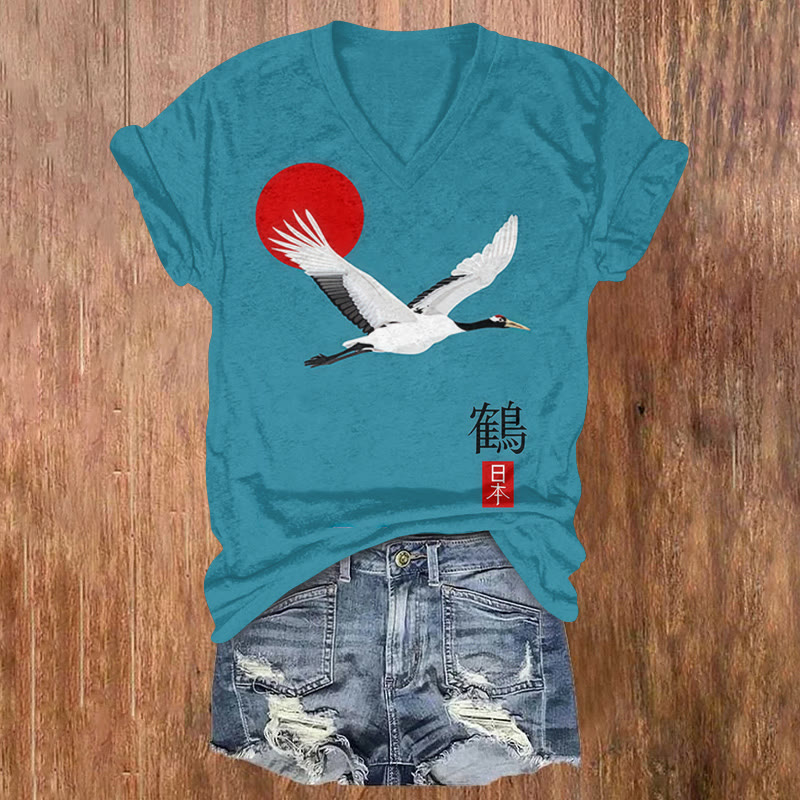 Japanese Flying White Crane Art Print Short Sleeved V-neck T-shirt - Blue - US32-34(5XL) - image 1