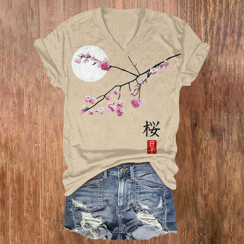 Japanese Sakura Blossom & Moonprint Short Sleeved V-neck T-shirt - Khaki - US32-34(5XL) - image 1