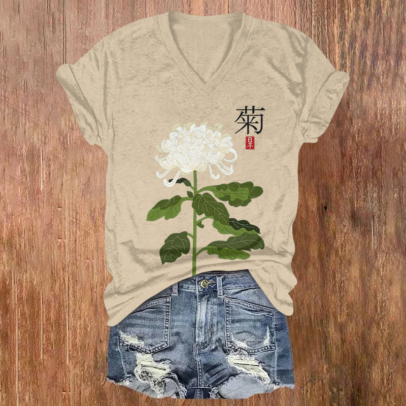 Japanese White Chrysanthemum Art Print Short Sleeved V-neck T-shirt - Khaki - US32-34(5XL) - image 2