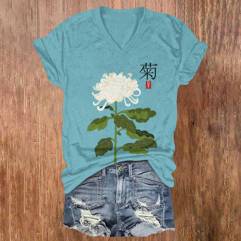 Japanese White Chrysanthemum Art Print Short Sleeved V-neck T-shirt - Blue - US32-34(5XL) - image 1