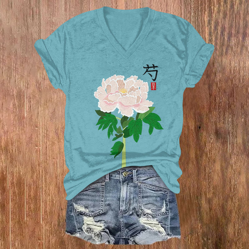 Japanese Simple Peony Blossom Art Print Short Sleeved V-neck T-shirt - Blue - US32-34(5XL) - image 2