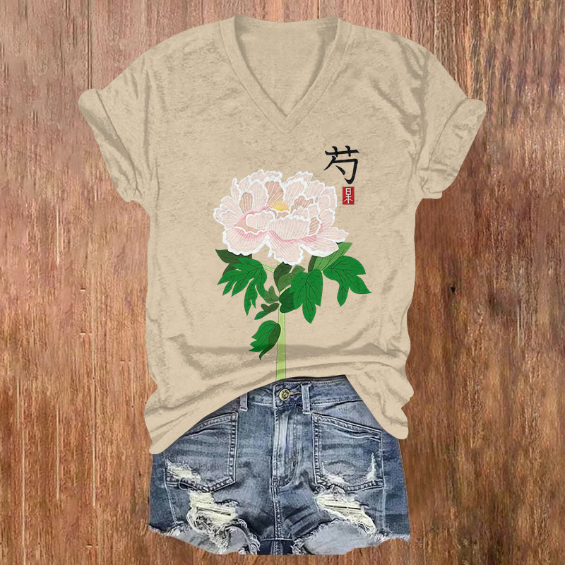 Japanese Simple Peony Blossom Art Print Short Sleeved V-neck T-shirt - Khaki - US32-34(5XL) - image 1