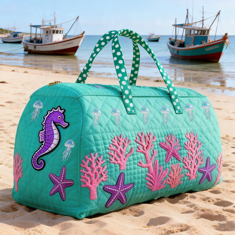 Coral Seahorse Print Quilted Duffle Bag - Lake Blue - one size - image 1