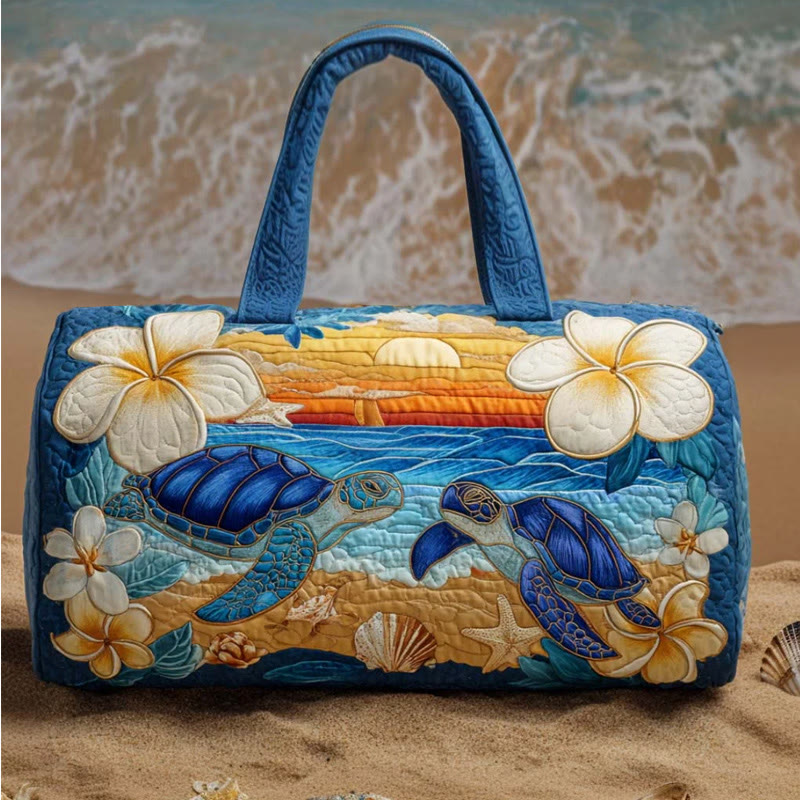 Ocean Turtle Beach Sunset Pattern Print Quilted Duffle Bag - Blue - one size - image 1