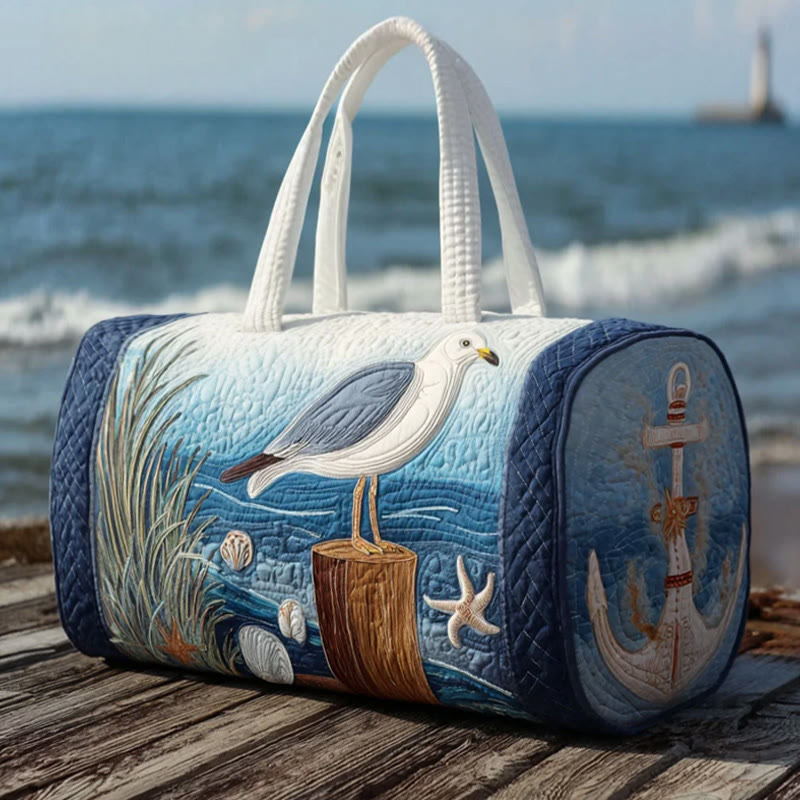 Beach Seagull Anchor Pattern Print Quilted Duffle Bag - Blue - one size - image 1