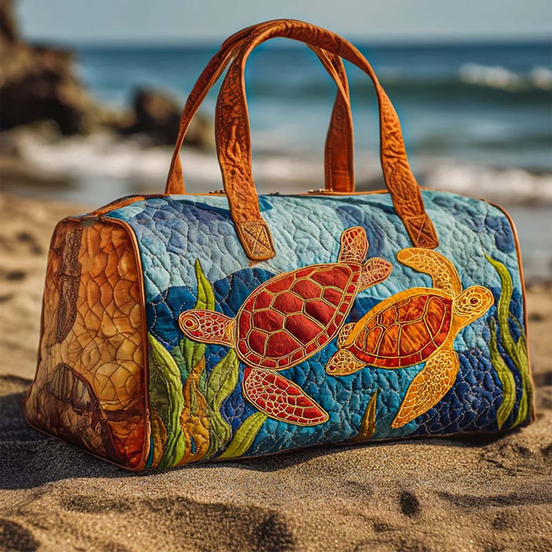 Ocean Free Turtle Pattern Print Quilted Duffle Bag - Orange - one size - image 1