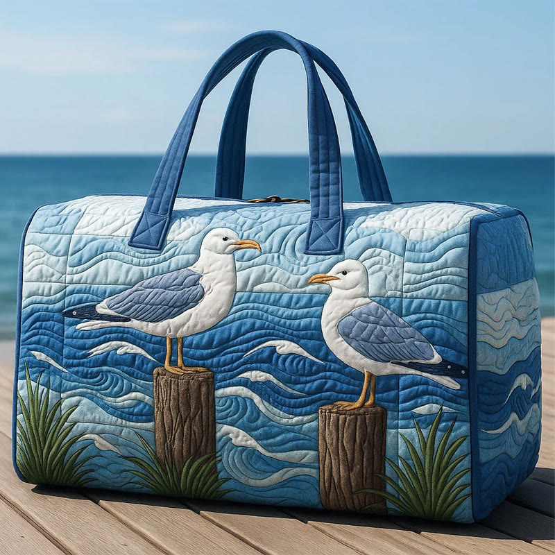 Beach Two Seagulls Pattern Print Quilted Duffle Bag - Blue - one size - image 1
