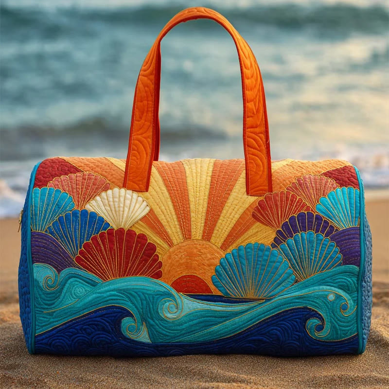 Beach Sunrise Shells Pattern Print Quilted Duffle Bag - Orange - one size - image 1