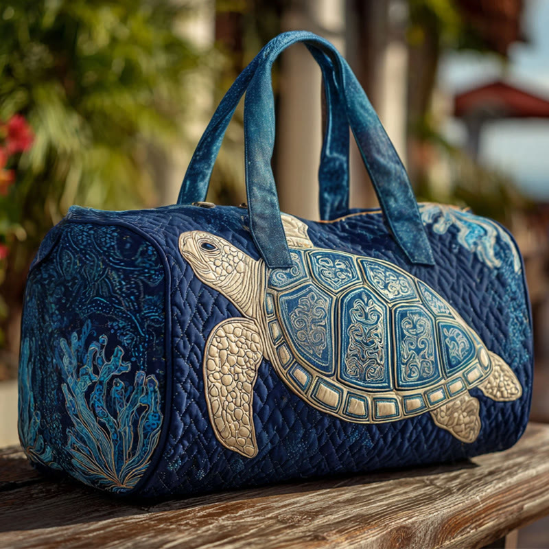 Beach Blue And White Porcelain Sea Turtle Coral Pattern Print Quilted Duffle Bag - Blue - one size - image 1