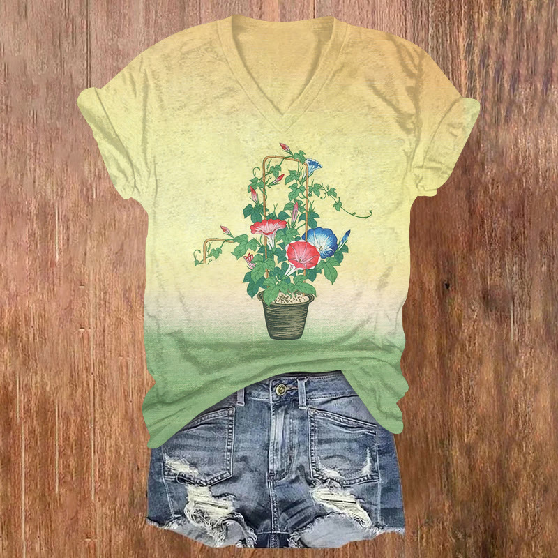 Morning Glory Potted Plants Print Short Sleeved V-neck T-shirt - Yellow - US32-34(5XL) - image 1