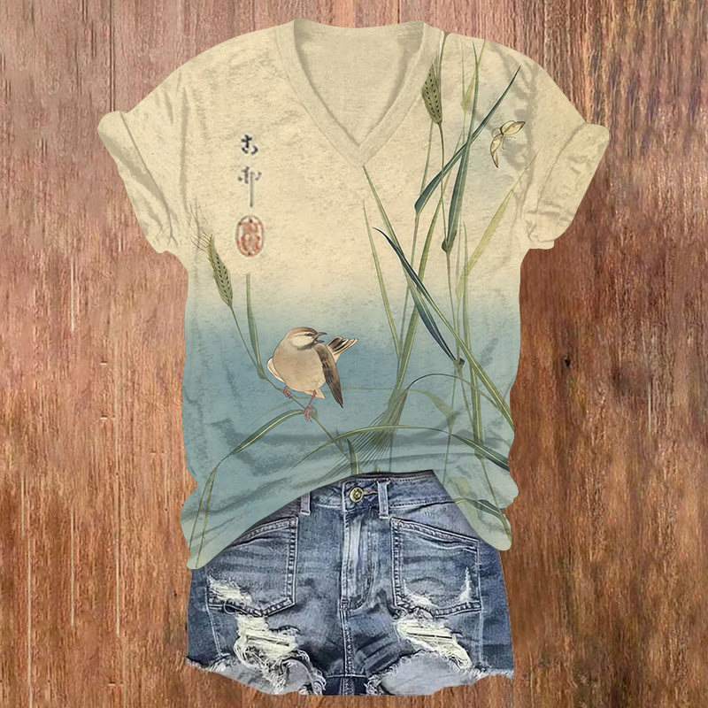 Japanese  Art Bird & Reeds Print Short Sleeved V-neck T-shirt - Apricot - US32-34(5XL) - image 1