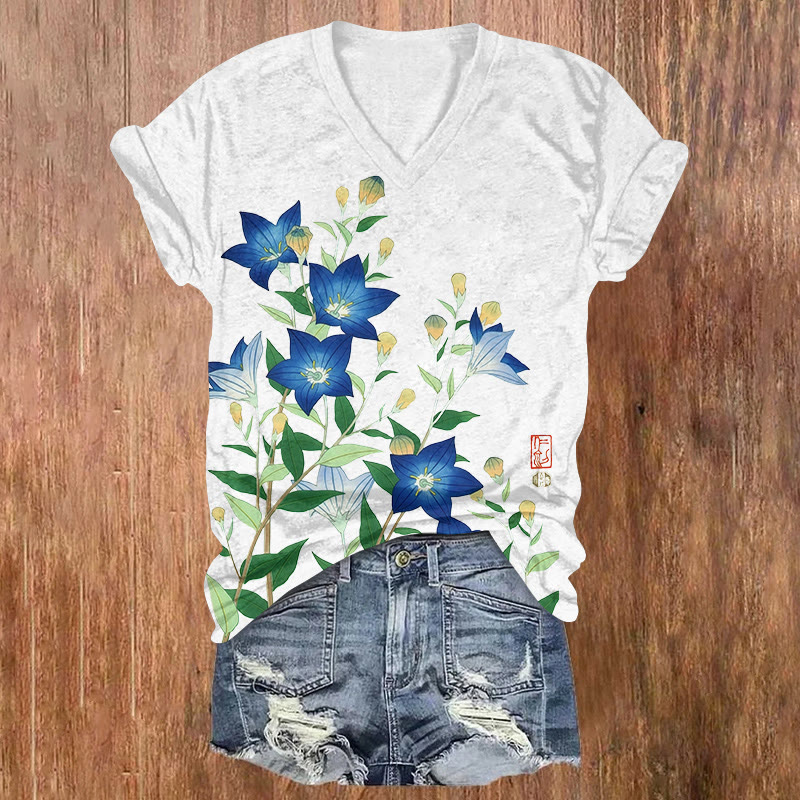Japanese Art Blue Baloonflower Pattern Print Short Sleeved V-neck T-shirt - White - US32-34(5XL) - image 2