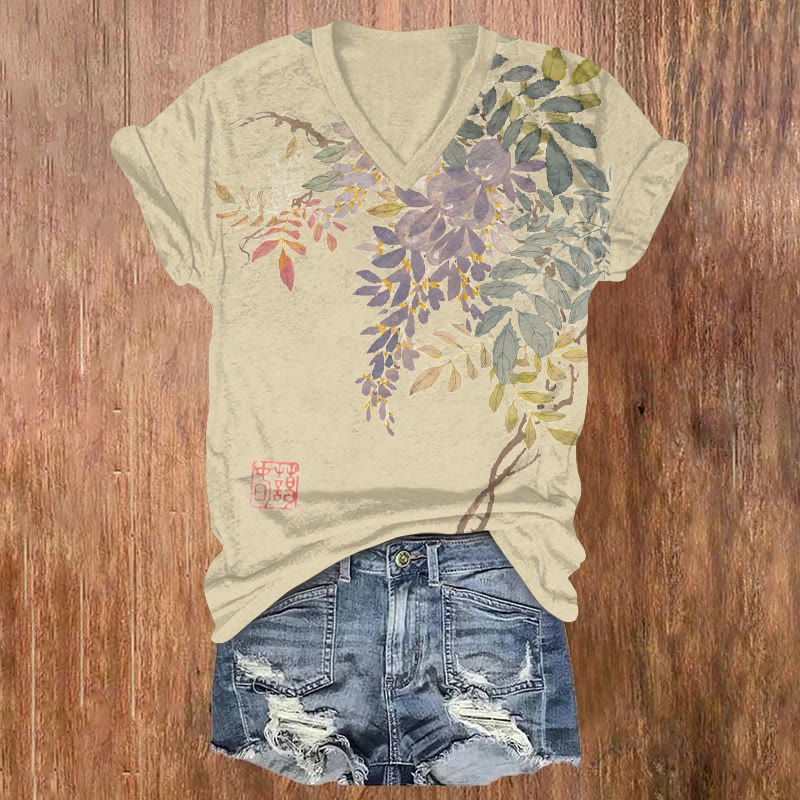 Japanese Wisteria And Butterfly Art Print Short Sleeved V-neck T-shirt - Apricot - US32-34(5XL) - image 1