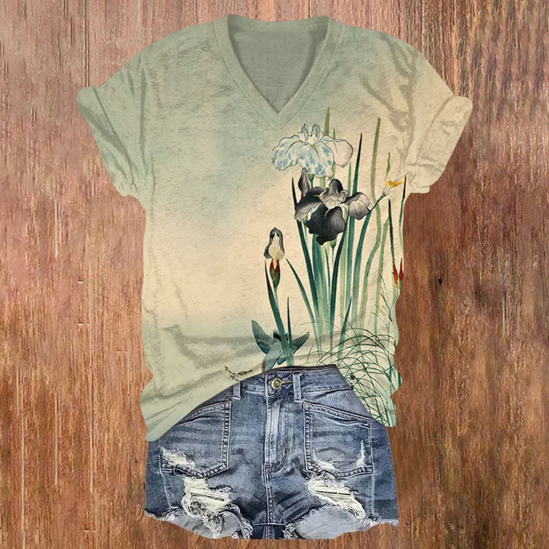 Japanese Ohara Koson Art Irises Print Short Sleeved V-neck T-shirt - Green - US32-34(5XL) - image 1