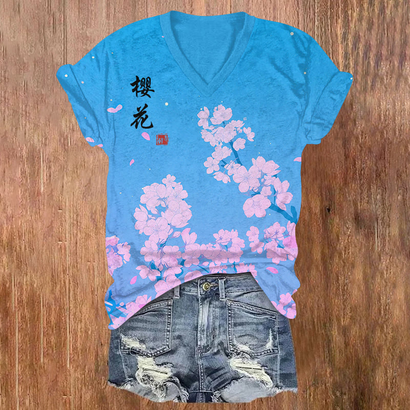 Japanese Sakura Art Pattern Print Short Sleeved V-neck T-shirt - Blue - US32-34(5XL) - image 1