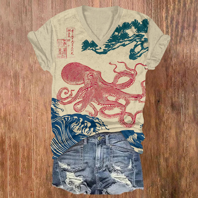 Japanese Vintage Red Octopus Art Print Short Sleeved V-neck T-shirt - Apricot - US32-34(5XL) - image 1