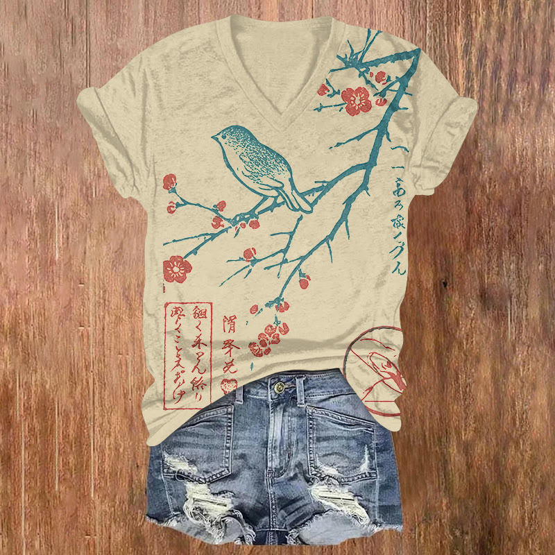 Japanese Simple Drawing Bird & Sakura Art Print Short Sleeved V-neck T-shirt - Apricot - US32-34(5XL) - image 1