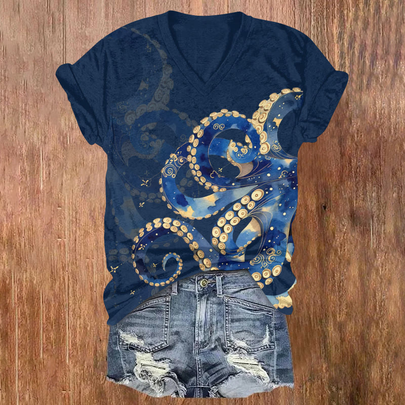 Vintage Dreamy Octopus Tentacles Print Short Sleeved V-neck T-shirt - Blue - US32-34(5XL) - image 1