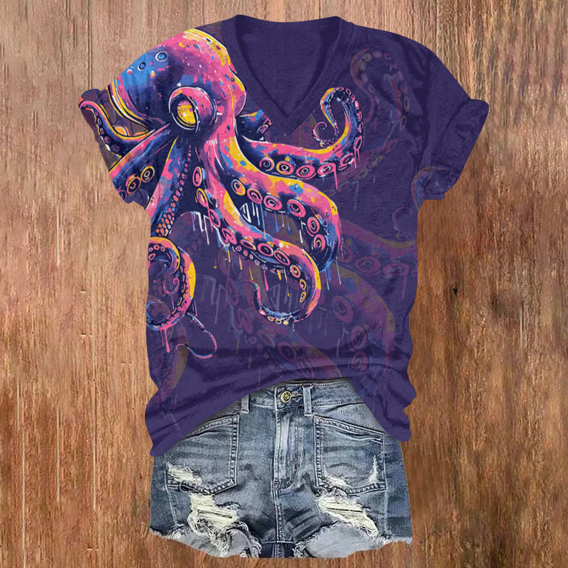 Creative Splashed Ink Painting Octopus Print Short Sleeved V-neck T-shirt - Purple - US32-34(5XL) - image 2